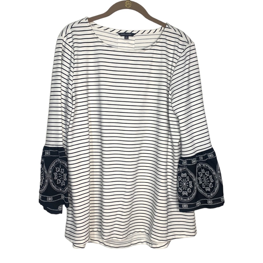 John Mark‎ Sz LG Striped Tunic with embroidered bell sleeve detail NWT